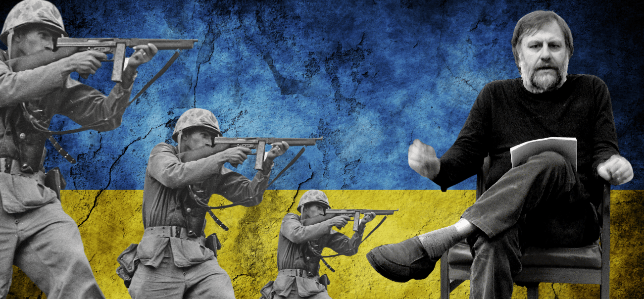 Graphic with Slavoj Žižek sitting on a chair, and three soldiers with rifles in hand, with the Ukrainian flag as the background, representing Žižek's pro-war and anti-pacifist stance on Ukraine. Photo: MintPress News.