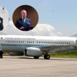 A Colombian presidential aircraft with small portraits of Gustavo Petro (left) and Iván Duque (right) inset. Photo: COLPRENSA.