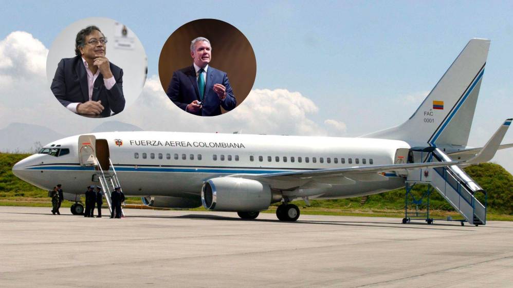 A Colombian presidential aircraft with small portraits of Gustavo Petro (left) and Iván Duque (right) inset. Photo: COLPRENSA.