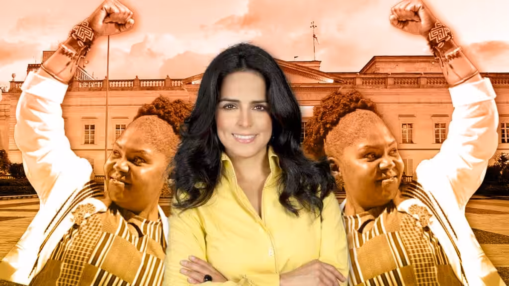 Photo composition with journalist Claudia Marquez (center) surrounded with two images of Colombian Vice President-elect Francia Márquez and Palacio de Nariño (Colombian presidential palace) in the background. Photo: Radar-k.