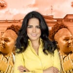 Photo composition with journalist Claudia Marquez (center) surrounded with two images of Colombian Vice President-elect Francia Márquez and Palacio de Nariño (Colombian presidential palace) in the background. Photo: Radar-k.