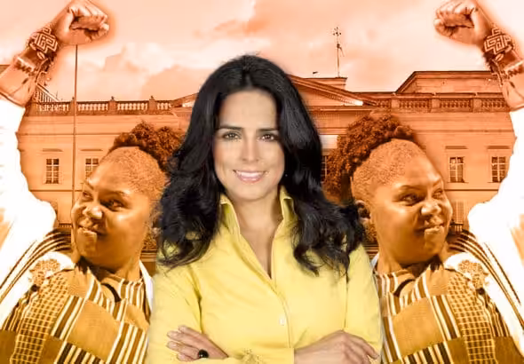 Photo composition with journalist Claudia Marquez (center) surrounded with two images of Colombian Vice President-elect Francia Márquez and Palacio de Nariño (Colombian presidential palace) in the background. Photo: Radar-k.