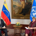Venezuelan Attorney General Tarek William Saab (left) and UN High Commissioner for Human Rights Michelle Bachelet (right) at a meeting at the Office of the Attorney General in Caracas, Venezuela, in June 2019. File photo.