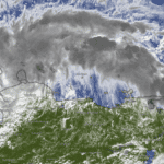 Satellite photo of the Tropical Cyclone 2 crossing from Venezuela to Colombia on its way to Central America. Photo: Windy.com.