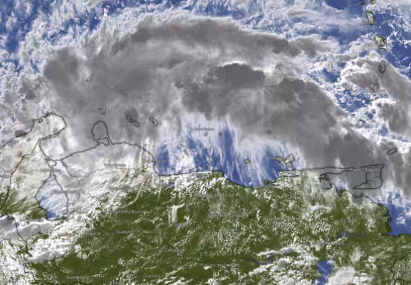 Satellite photo of the Tropical Cyclone 2 crossing from Venezuela to Colombia on its way to Central America. Photo: Windy.com.