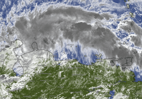 Satellite photo of the Tropical Cyclone 2 crossing from Venezuela to Colombia on its way to Central America. Photo: Windy.com.