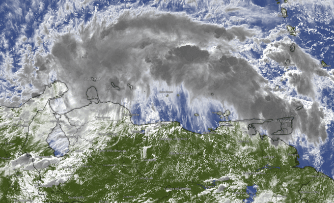 Satellite photo of the Tropical Cyclone 2 crossing from Venezuela to Colombia on its way to Central America. Photo: Windy.com.