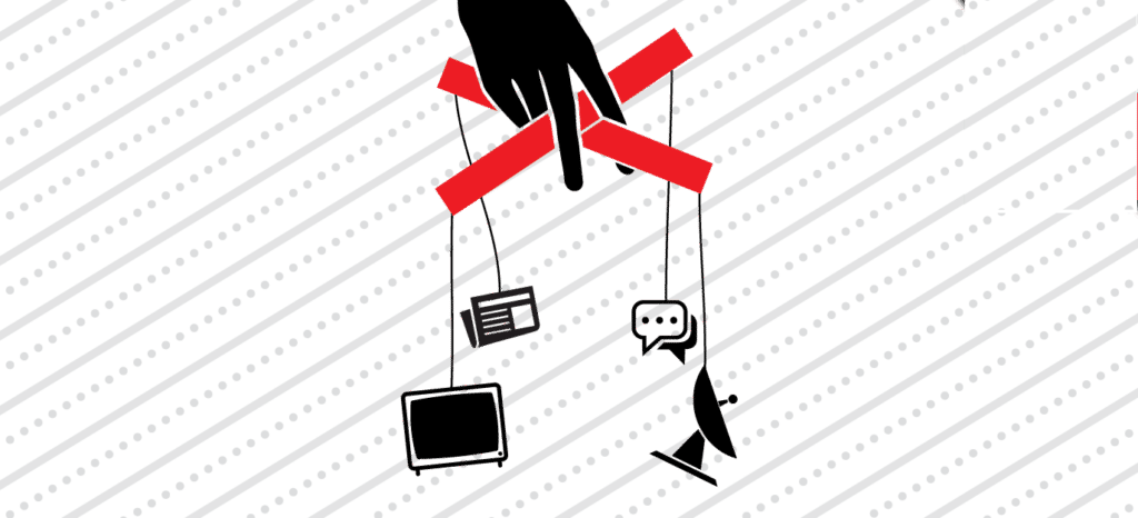 Media and communication icons controlled by a puppeteer. File photo.