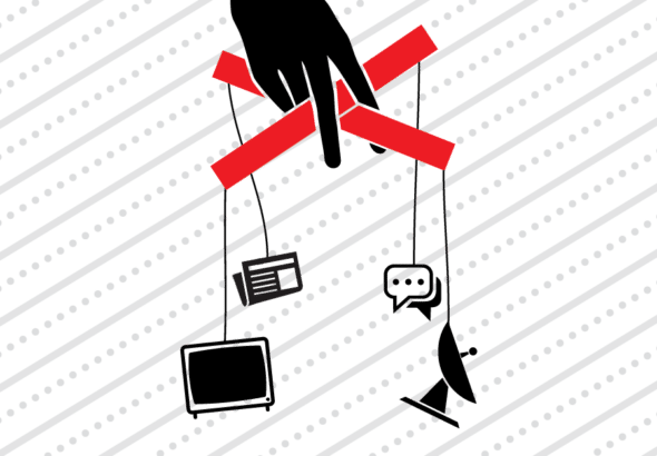 Media and communication icons controlled by a puppeteer. File photo.