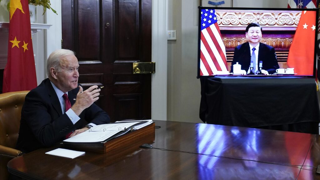 President Joe Biden meeting with Chinese President Xi Jinping virtually from the Roosevelt Room of the White House in Washington, Monday, Nov. 15, 2021. Photo: AP/Susan Walsh