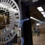 Central Bank of Venezuela headquarters' entrance door with a logo of the monetary authority. File photo.