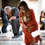 Nancy Pelosi and a group of US democratic party congress people kneel during a George Floyd memorial in 2020 in a very controversial photo op that did not go well. Photo: AFP via Getty Images.