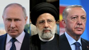 Russian President Vladimir Putin, Iran President Ebrahim Raisi and Turkish President Recep Tayyip Erdoğan. AFP 2022 / Mikhail Metzel