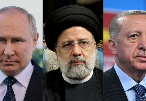 Russian President Vladimir Putin, Iran President Ebrahim Raisi and Turkish President Recep Tayyip Erdoğan. AFP 2022 / Mikhail Metzel