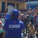 Ecuadorian protest leader addresses some protesters with a megaphone. Photo: Facebook/OsgFecosSalcedo.