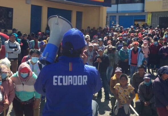 Ecuadorian protest leader addresses some protesters with a megaphone. Photo: Facebook/OsgFecosSalcedo.