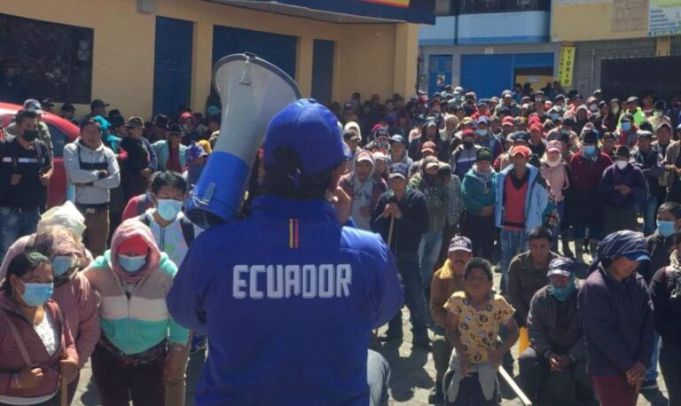 Ecuadorian protest leader addresses some protesters with a megaphone. Photo: Facebook/OsgFecosSalcedo.