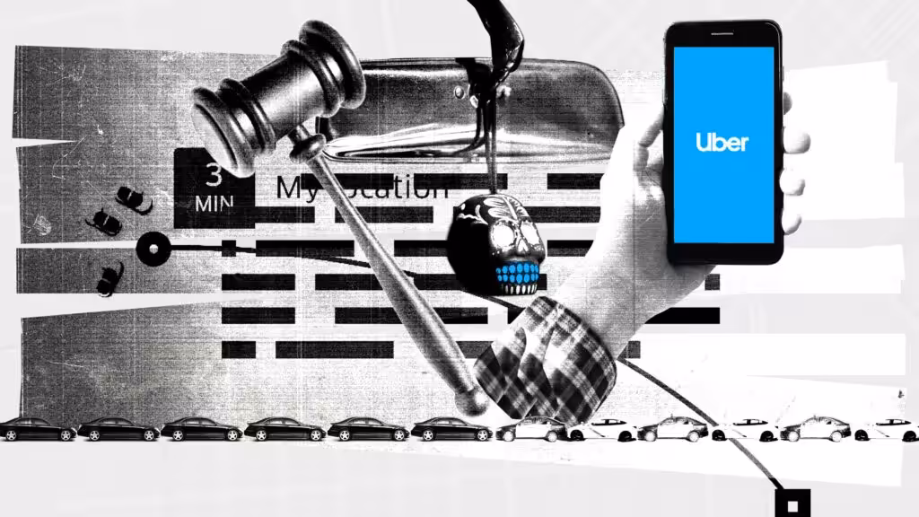 Photo composition showing a smartphone with a blue screen reading “Uber” next to a gavel representing judicial processes and a car’s back mirror with a “decorative” skull hanging from it. Photo: El Pais/Patricia Bolinches.