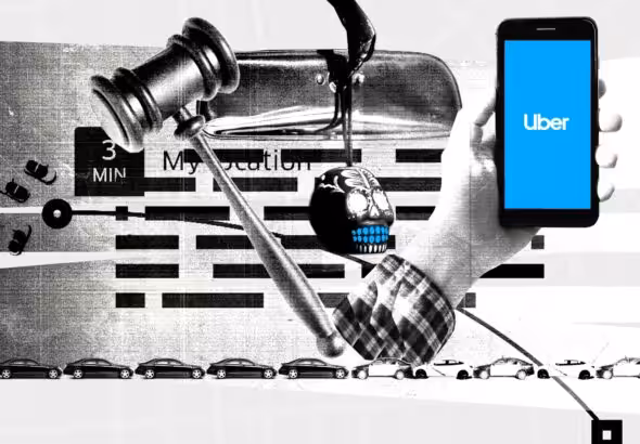 Photo composition showing a smartphone with a blue screen reading “Uber” next to a gavel representing judicial processes and a car’s back mirror with a “decorative” skull hanging from it. Photo: El Pais/Patricia Bolinches.