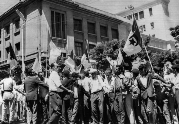 Young Algerians parade in front of the faculties in Algiers, waving Algerian flags and celebrating, on 2 July 1962, a day after the self-determination referendum on the independence of their country. Photo: AFP/File.