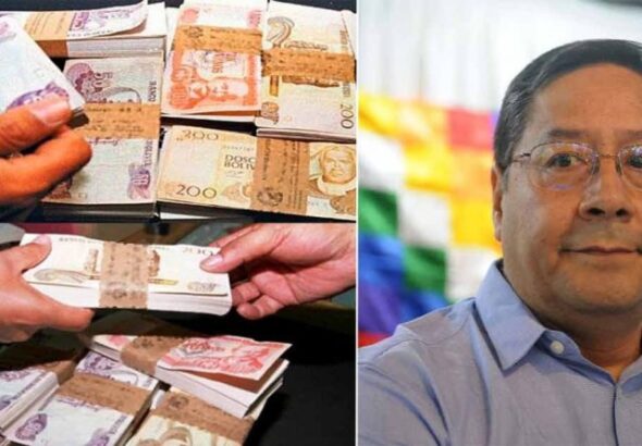 Bolivian currency notes (left) and Bolivian President Luis Arce (right). Photo: Kawsachun News.
