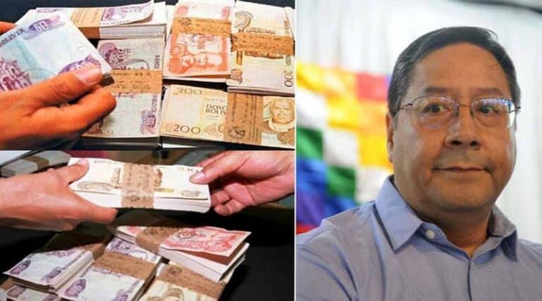 Bolivian currency notes (left) and Bolivian President Luis Arce (right). Photo: Kawsachun News.
