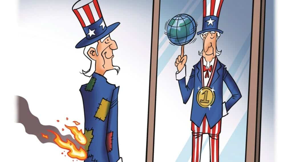 Cartoon showing uncle Sam playing with an earth globe that set him on fire. By Liu Rui/GT