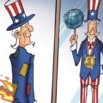 Cartoon showing uncle Sam playing with an earth globe that set him on fire. By Liu Rui/GT