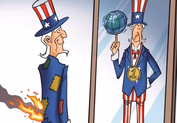 Cartoon showing uncle Sam playing with an earth globe that set him on fire. By Liu Rui/GT