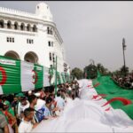 A crowd waving a long Algerian flag. Photo: Ramzi Boudina/Reuters.