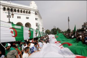 A crowd waving a long Algerian flag. Photo: Ramzi Boudina/Reuters.