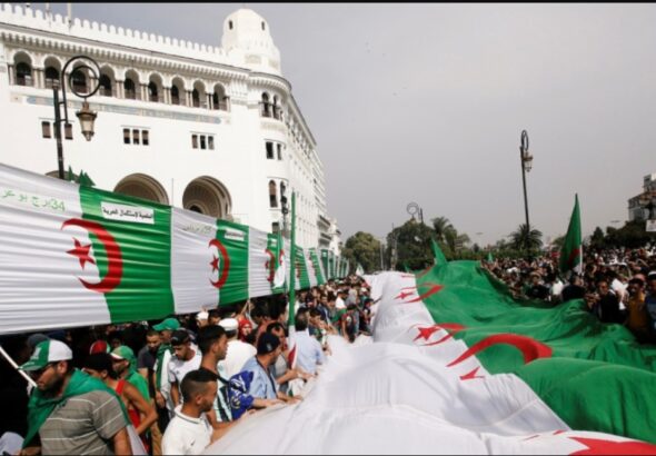 A crowd waving a long Algerian flag. Photo: Ramzi Boudina/Reuters.