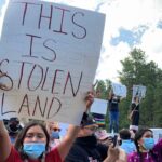 Native American protesters and supporters gather at the Black Hills, now the site of Mount Rushmore, on July 3, 2020 in Keystone, South Dakota. Photo: Getty Images / Micah Garen.