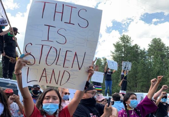 Native American protesters and supporters gather at the Black Hills, now the site of Mount Rushmore, on July 3, 2020 in Keystone, South Dakota. Photo: Getty Images / Micah Garen.
