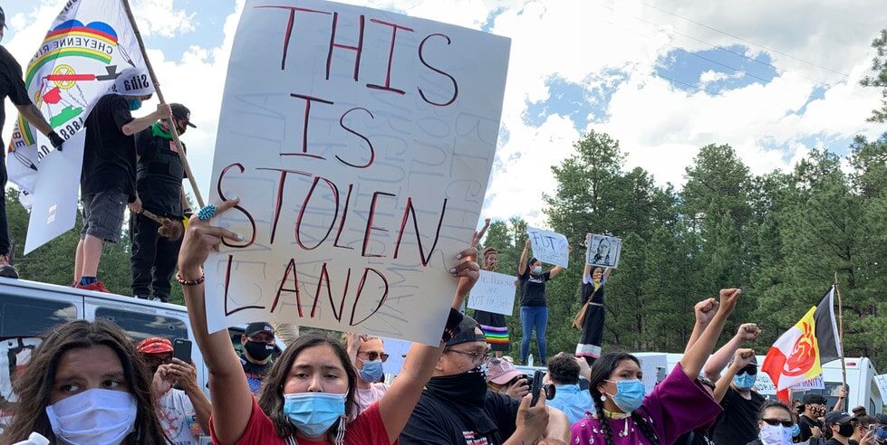 Native American protesters and supporters gather at the Black Hills, now the site of Mount Rushmore, on July 3, 2020 in Keystone, South Dakota. Photo: Getty Images / Micah Garen.