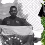 Graphic showing indigenous land defender Virgilio Trujillo Arana holding a Venezuelan flag. Photo: ORPIA.