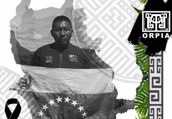 Graphic showing indigenous land defender Virgilio Trujillo Arana holding a Venezuelan flag. Photo: ORPIA.