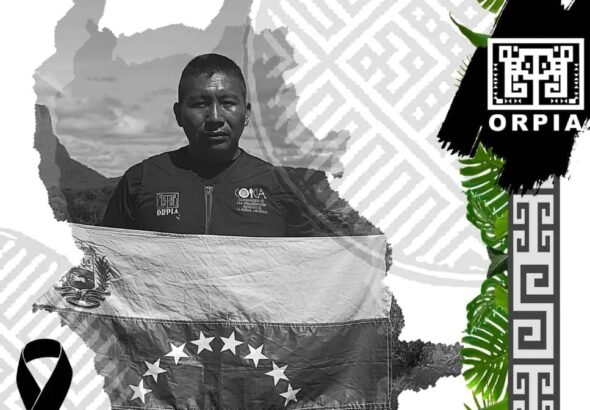 Graphic showing indigenous land defender Virgilio Trujillo Arana holding a Venezuelan flag. Photo: ORPIA.
