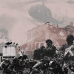 Photo composition showing Ho Chi Ming, the scene of the helicopter on top of the US embassy in Hanoi evacuating diplomatic personnel, soldiers, helicopters along with the Vietnamese or Ukrainian flag. Photo: thevietnamese.org.