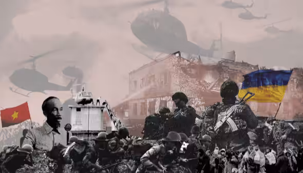 Photo composition showing Ho Chi Ming, the scene of the helicopter on top of the US embassy in Hanoi evacuating diplomatic personnel, soldiers, helicopters along with the Vietnamese or Ukrainian flag. Photo: thevietnamese.org.