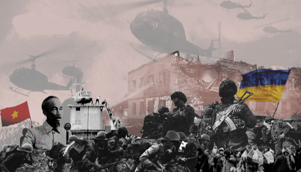 Photo composition showing Ho Chi Ming, the scene of the helicopter on top of the US embassy in Hanoi evacuating diplomatic personnel, soldiers, helicopters along with the Vietnamese or Ukrainian flag. Photo: thevietnamese.org.