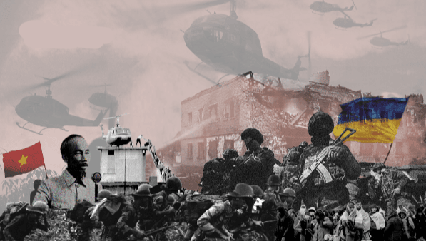 Photo composition showing Ho Chi Ming, the scene of the helicopter on top of the US embassy in Hanoi evacuating diplomatic personnel, soldiers, helicopters along with the Vietnamese or Ukrainian flag. Photo: thevietnamese.org.