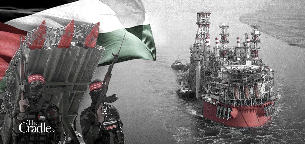 Photo composition showing an offshore oil rig platform, the Palestinian flag and a small rocket launcher guarded by armed fighters. Photo: The Cradle.