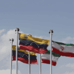 The flags of Iran and Venezuela, when Venezuelan President Nicolas Maduro arrived at Mehrabad Airport in Tehran, Iran June 10, 2022. Majid Asgaripour/WANA (West Asia News Agency)