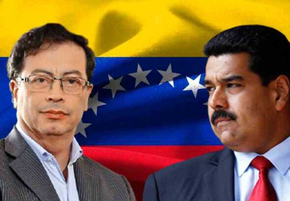 Photo composition presenting President Gustavo Petro (left) and President Nicolás Maduro (right), with a Venezuelan flag in the background. Photo: Semana.