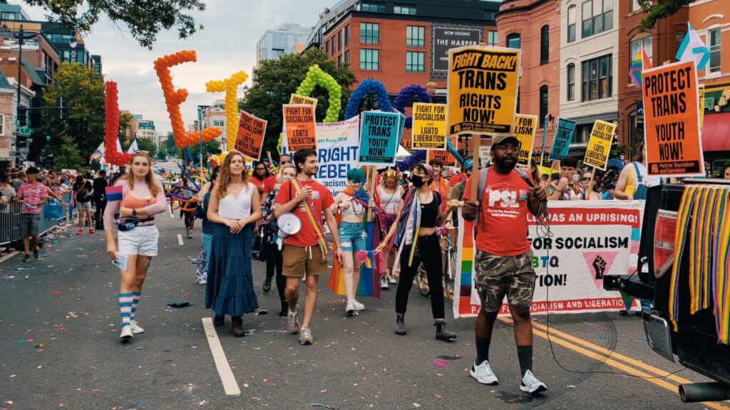 Morgan (second from left) marching during a Pride parade in Washington DC with fellow members of the Party for Socialism and Liberation. Photo: Morgan Artyuhkina.