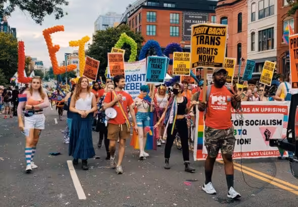 Morgan (second from left) marching during a Pride parade in Washington DC with fellow members of the Party for Socialism and Liberation. Photo: Morgan Artyuhkina.