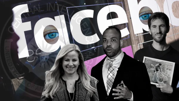 Photo composition Ex-CIA Agents and Aaron Berman with Facebook logo in the background. Photo: MintPress News.