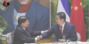 Nicaraguan Foreign Affairs Minister Denis Moncada shakes hands with the Ambassador of China in Nicaragua, Chen Xi. Photo: El19Digital.