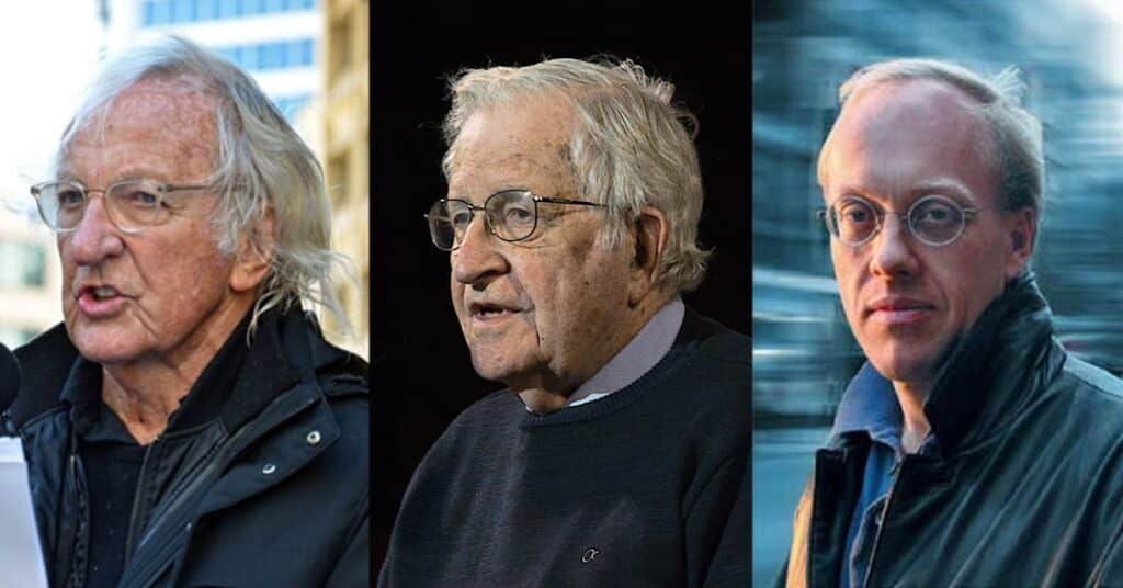 From left to right: John Pilger, Noam Chomsky and Chris Hedges, all three of them have condemned the media propaganda on the war in Ukraine. Photo composition by author.
